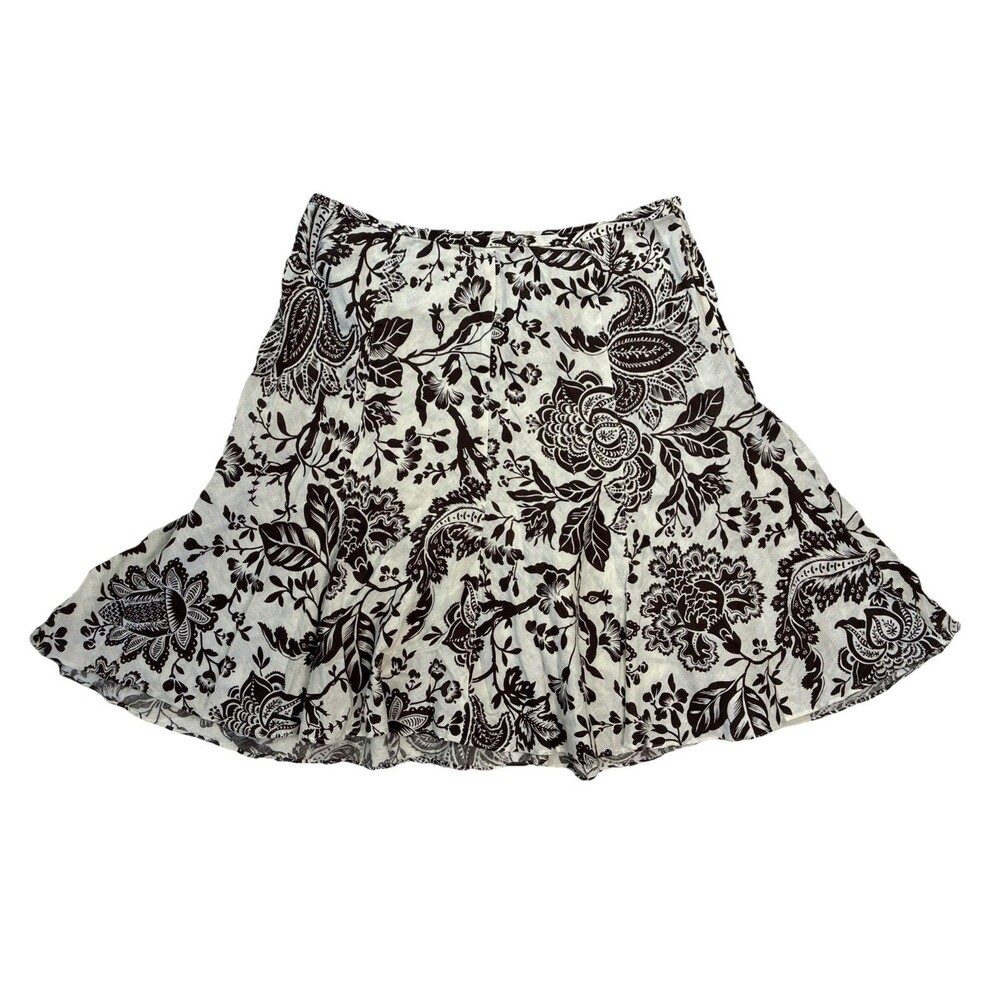 American Living Linen Cotton Flare Skirt Sz 8 Brown Floral Cottage Romantic Boho